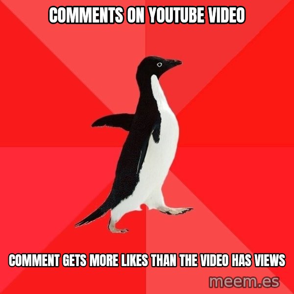 Socially Awesome Penguin meme: cOMMENTS ON YOUTUBE VIDEO / comment gets more likes than the video has views