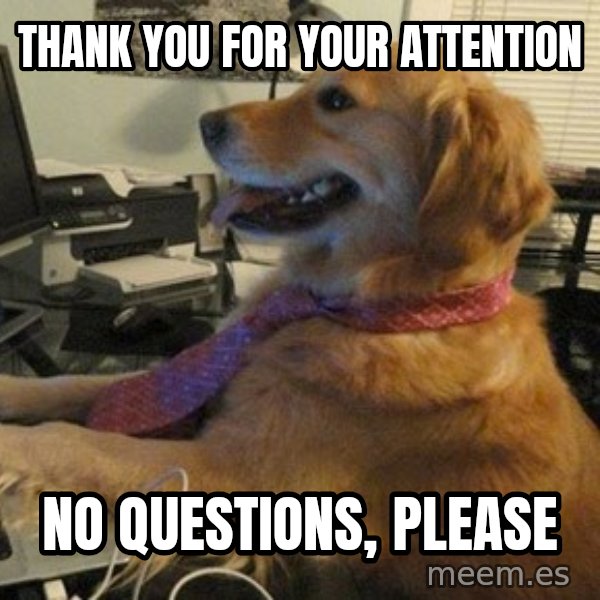 I have no idea what I'm doing - Dog with Tie meme: thank you for your attention / no questions, please