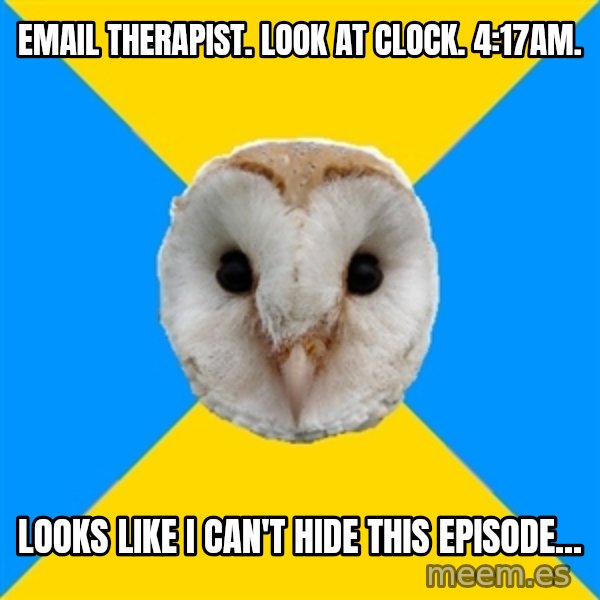 Bipolar Owl meme: email therapist. look at clock. 4:17am. / looks like i can't hide this episode...