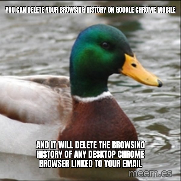 Actual Advice Mallard 1 meme: you can delete your browsing history on google chrome mobile / and it will delete the browsing history of any desktop chrome browser linked to your email