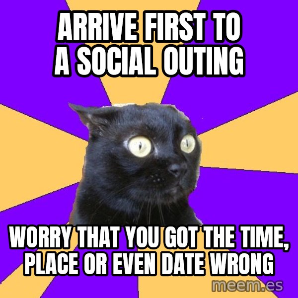 Anxiety Cat meme: Arrive first to a social outing / worry that you got the time, place or even date wrong