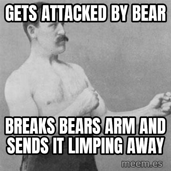 overly manlyman meme: Gets attacked by bear / Breaks bears arm and sends it limping away