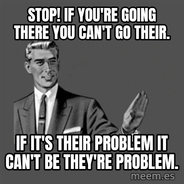 Grammar Guy meme: stop! if you're going there you can't go their. / If it's their problem it can't be they're problem.