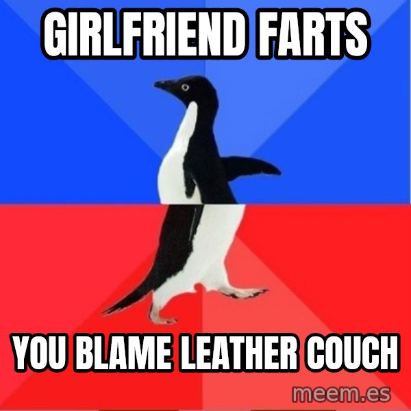 Socially Awkward to Awesome Penguin meme: girlfriend farts / you blame leather couch