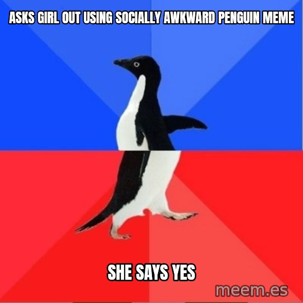 Socially Awkward to Awesome Penguin meme: asks girl out using socially awkward penguin meme / she says yes