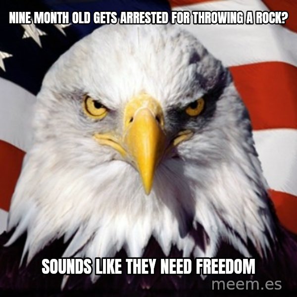 Freedom Eagle  meme: nine month old gets arrested for throwing a rock? / sounds like they need freedom