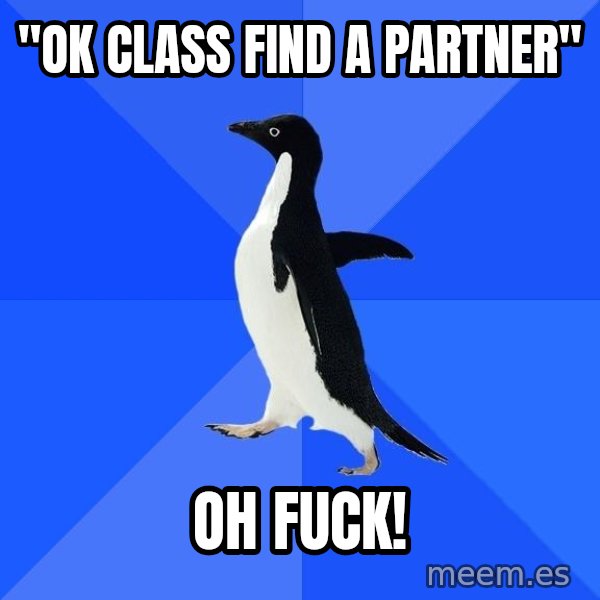 Socially Awkward Penguin meme: "ok class find a partner" / oh fuck!
