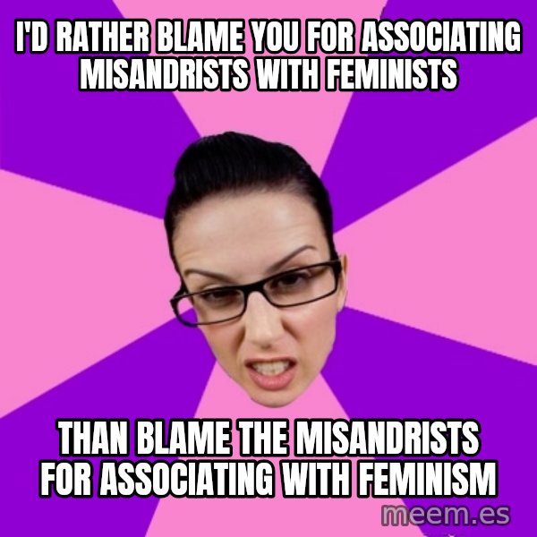 Privilege Denying Feminist meme: I'd rather blame you for associating misandrists with feminists / than blame the misandrists for associating with feminism