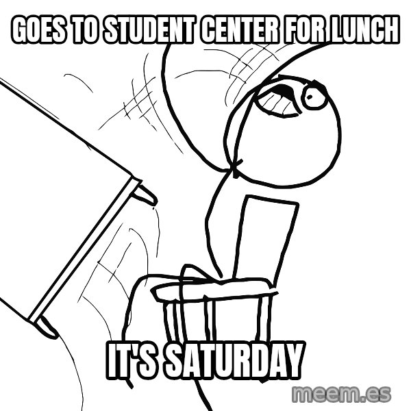 Desk Flip Rage Guy meme: Goes to Student Center for lunch / IT's Saturday