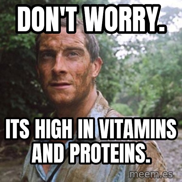 Bear Grylls meme: Don't worry. / Its high in vitamins and proteins.