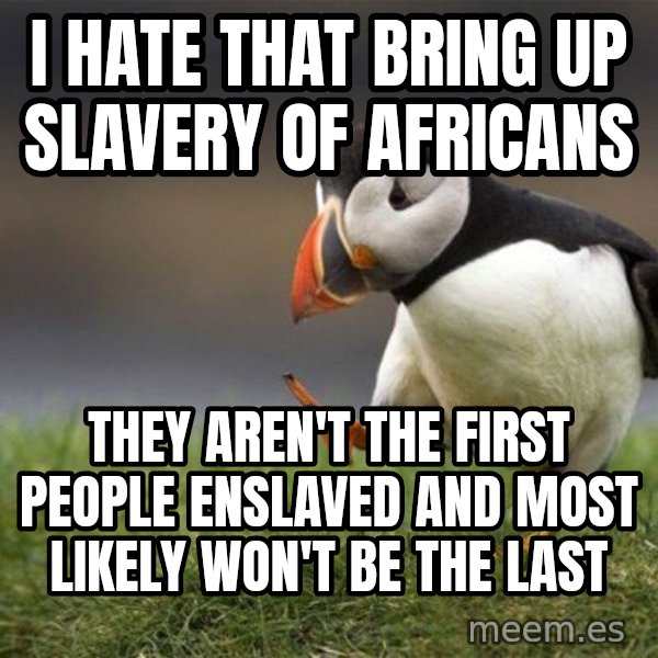 Unpopular Opinion Puffin meme: I hate that bring up slavery of africans / they aren't the first people enslaved and most likely won't be the last