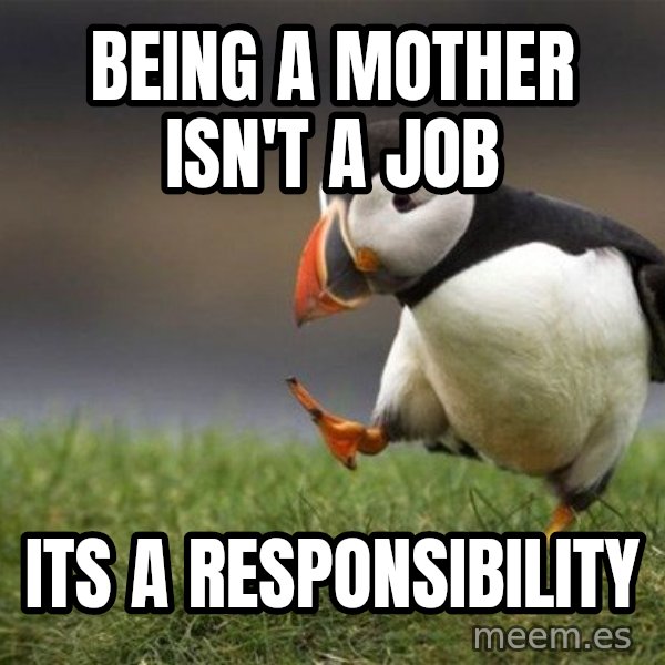 Unpopular Opinion Puffin meme: Being a mother isn't a job / ITs a responsibility