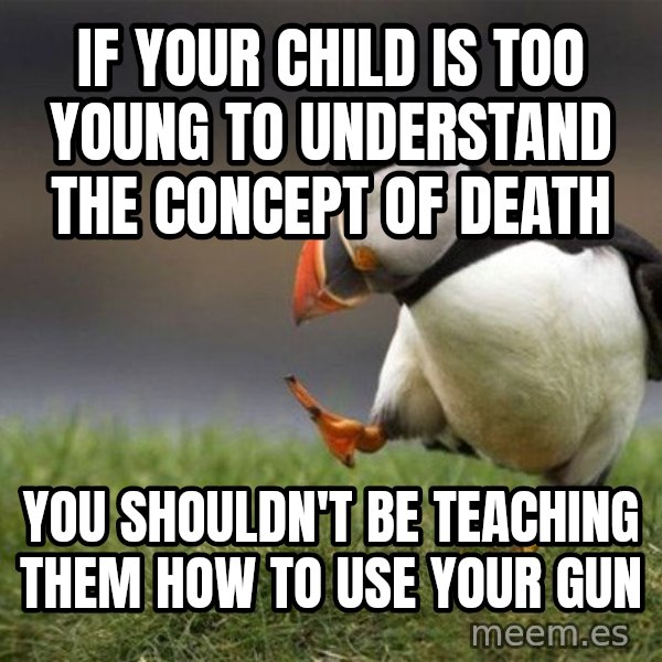 Unpopular Opinion Puffin meme: If your child is too young to understand the concept of death / You shouldn't be teaching them how to use your gun