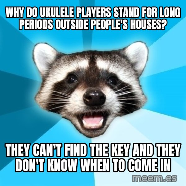 Lame Pun Coon meme: Why do ukulele players stand for long periods outside people's houses? / they can't find the key and they don't know when to come in