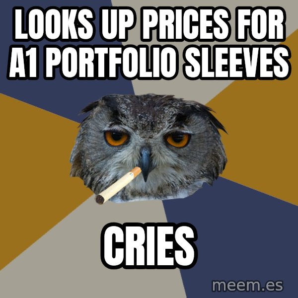 Art Student Owl meme: looks up prices for a1 portfolio sleeves / cries