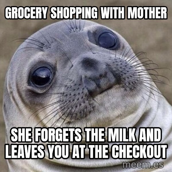 Awkward Seal meme: grocery shopping with mother / she forgets the milk and leaves you at the checkout