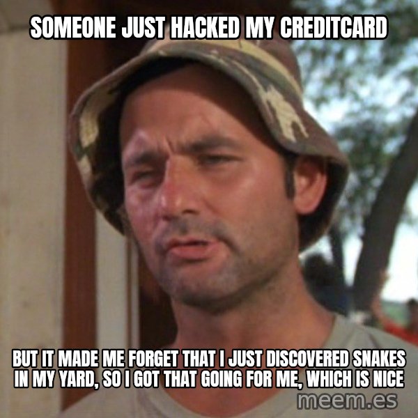 So I got that going on for me, which is nice meme: Someone just hacked my creditcard / But It made me forget that I just discovered snakes in my yard, So I got that going for me, which is nice