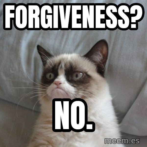 Grumpy cat good meme: FORGIVENESS? / NO.