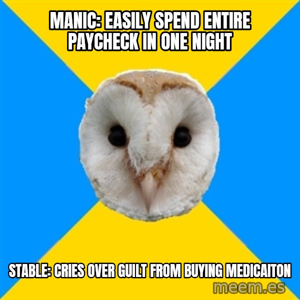 Bipolar Owl meme: manic: easily spend entire paycheck in one night / stable: cries over guilt from buying medicaiton