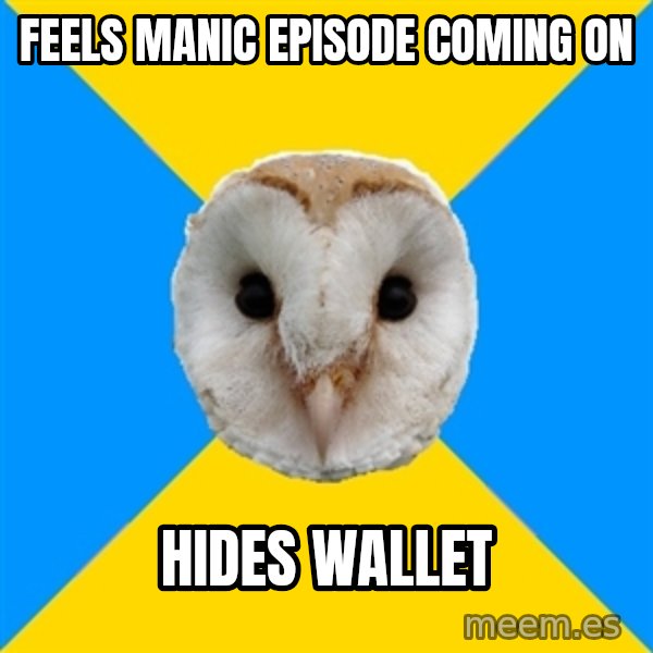 Bipolar Owl meme: Feels manic episode coming on / hides wallet