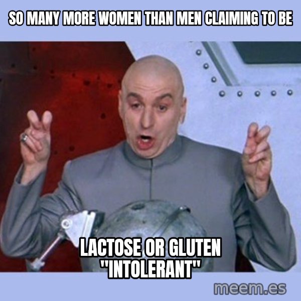 Dr Evil meme meme: So many more women than men claiming to be / Lactose or GLUTEN "INTOLERANT"