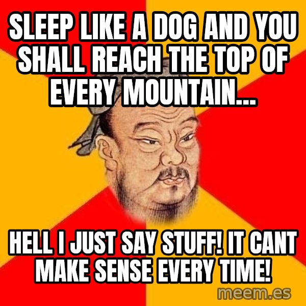 Wise Confucius meme: sLEEP LIKE A DOG AND YOU SHALL REACH THE TOP OF EVERY MOUNTAIN... / hell i just say stuff! it cant make sense every time!