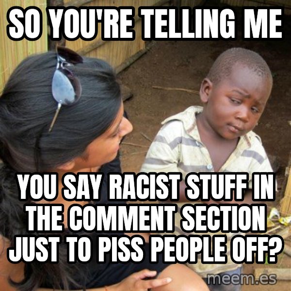 Skeptical 3rd World Kid meme: so you're telling me / you say racist stuff in the comment section just to piss people off?