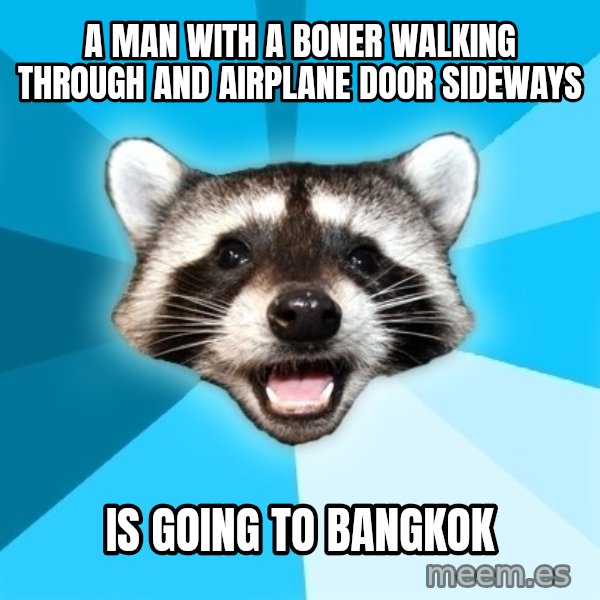 Lame Pun Coon meme: a man with a boner walking through and airplane door sideways / is going to bangkok