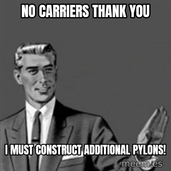 Correction Guy meme: no carriers thank you / i must construct additional pylons!