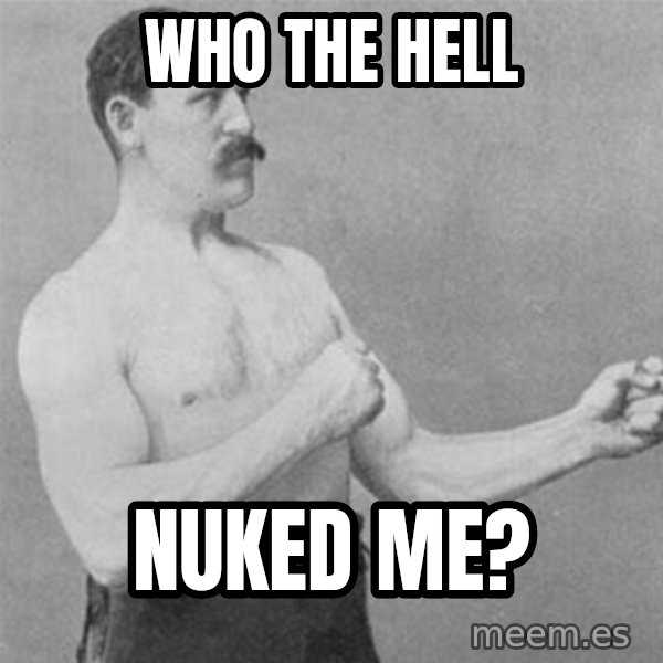 overly manlyman meme: who the hell / nuked me?