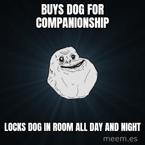 Forever Alone meme: BUYS DOG FOR COMPANIONSHIP / LOCKS DOG IN ROOM ALL DAY AND NIGHT