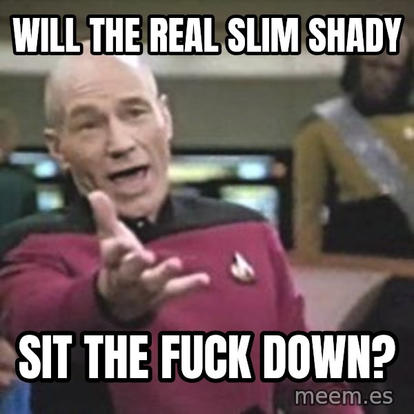 Captain Picard meme: Will the real slim shady / sit the fuck down?