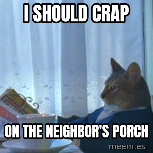 newspaper cat realization meme: I should crap / on the neighbor's porch