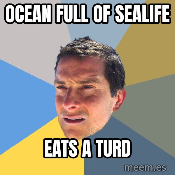 Bear Grylls meme: oCEAN FULL OF SEALIFE / EATS A TURD