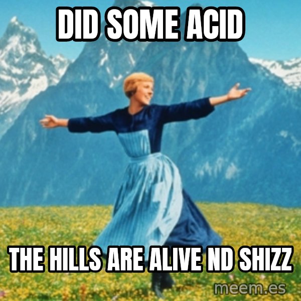 Sound Of Music Lady meme: DID SOME ACID / THE HILLS ARE ALIVE ND SHIZZ