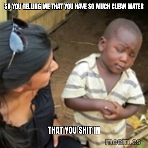 Skeptical african kid  meme: So you telling me that you have so much clean water / That you shit in