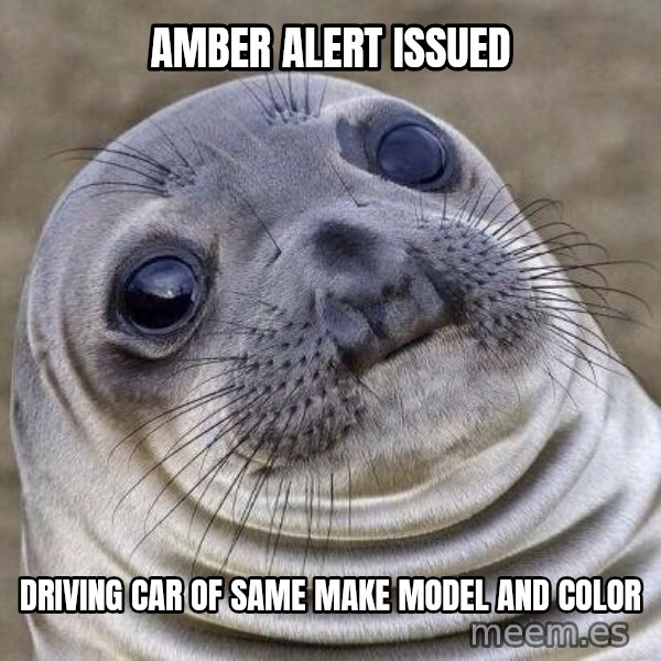 Awkward Seal meme: Amber Alert Issued / driving car of same make model and color