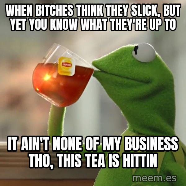 Kermit The Frog Drinking Tea meme: When bitches think they slick, but yet you know what they're up to / It ain't none of my business tho, this tea is hittin