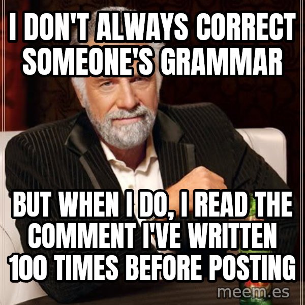 The Most Interesting Man In The World meme: I don't always correct someone's grammar / but when i do, i read the comment i've written 100 times before posting
