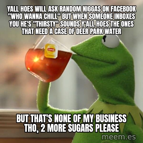 Kermit The Frog Drinking Tea meme: Yall hoes will ask random niggas on facebook "Who wanna chill" but when someone inboxes you he's "Thirsty" sounds y'all hoes the ones that need a case of Deer Park water / But that's none of my business tho, 2 more sugars please