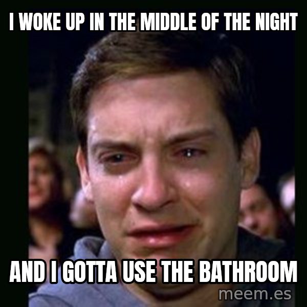 crying peter parker meme: I woke up in the middle of the night / and i gotta use the bathroom
