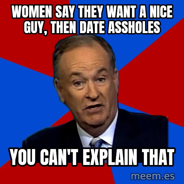 Bill O'Reilly Proves God meme: women say they want a nice guy, then date assholes / you can't explain that