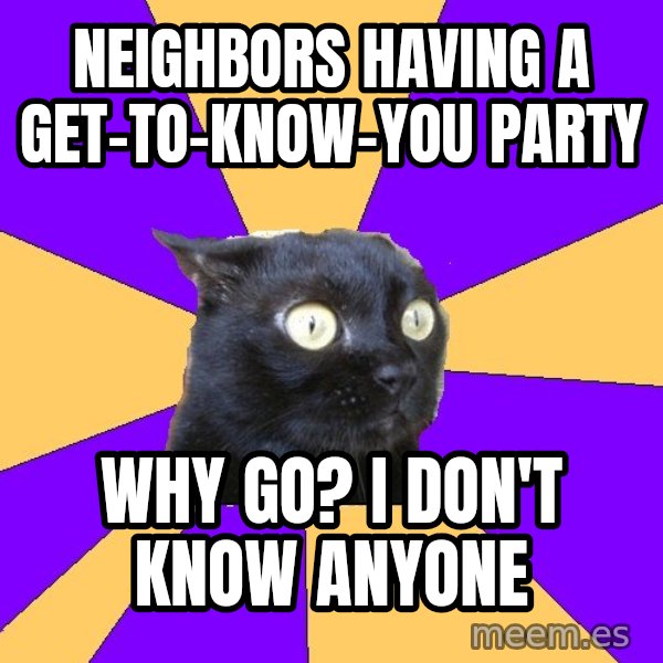 Anxiety Cat meme: neighbors having a get-to-know-you party / why go?  i don't know anyone