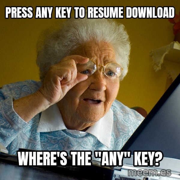 Internet Grandma Surprise meme: Press any key to resume download / where's the "any" key?