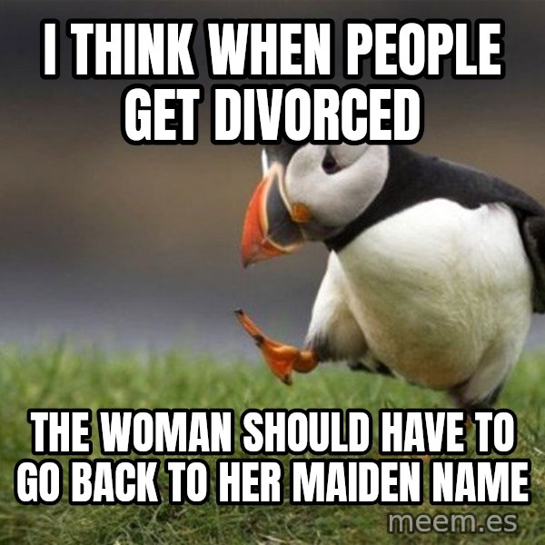 Unpopular Opinion Puffin meme: i think when people get divorced / the woman should have to go back to her maiden name