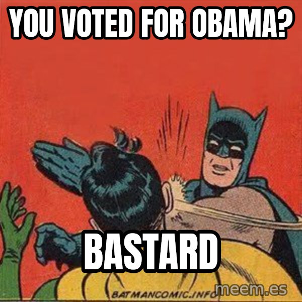 batman slap robin meme: you voted for obama? / bastard
