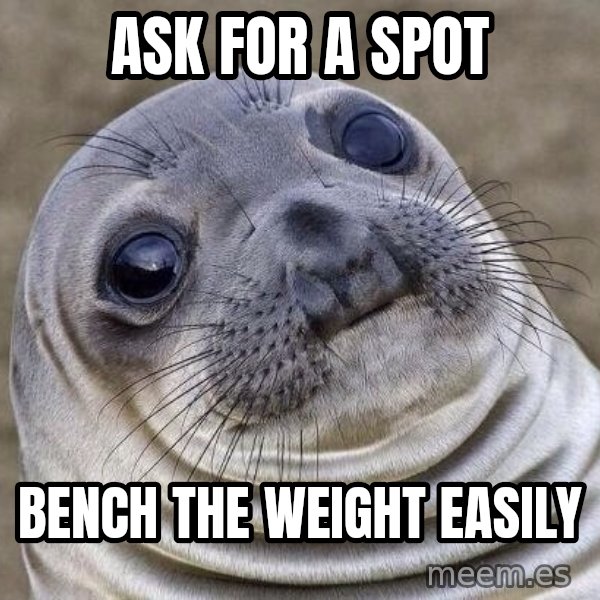 Awkward Seal meme: Ask for a spot / Bench the weight easily