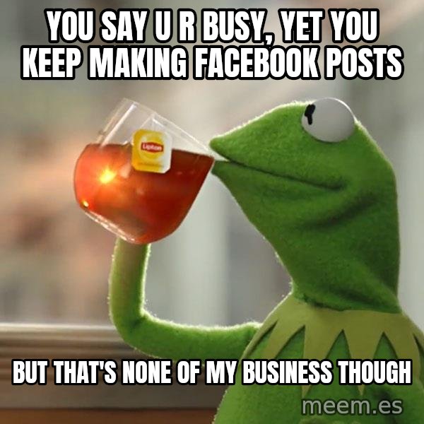 Kermit The Frog Drinking Tea meme: You say u r busy, yet you keep making facebook posts / but that's none of my business though