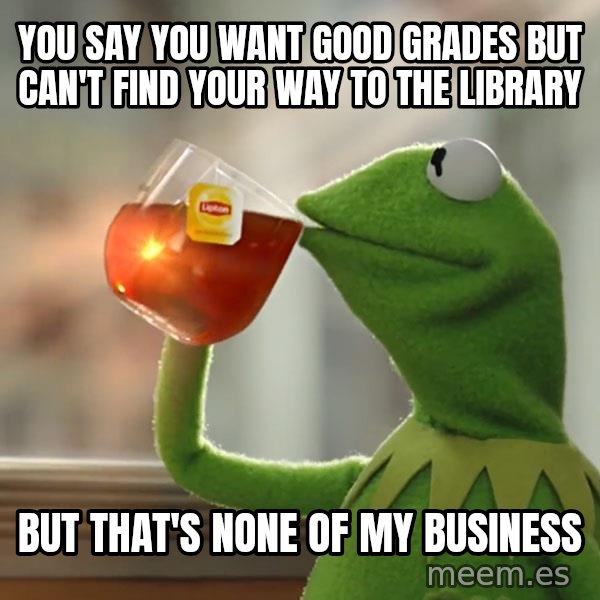 Kermit The Frog Drinking Tea meme: YOU SAY YOU WANT GOOD GRADES BUT CAN'T FIND YOUR WAY TO THE LIBRARY / BUT THAT'S NONE OF MY BUSINESS