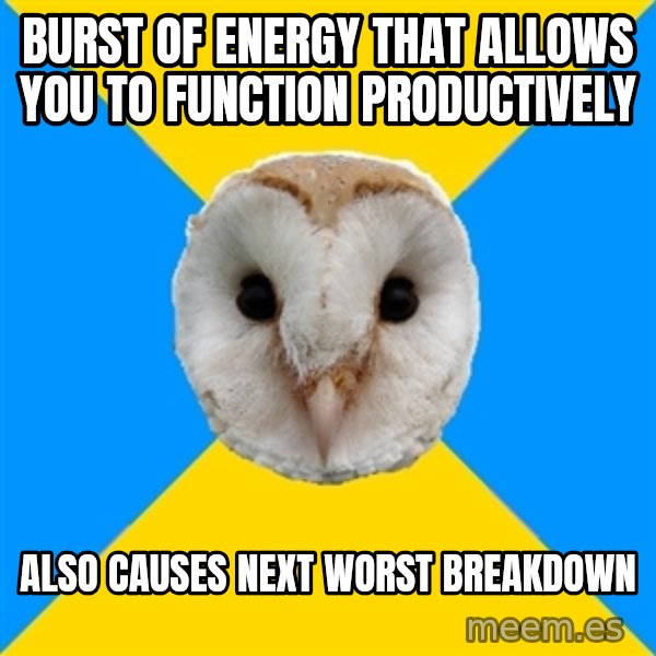 Bipolar Owl meme: burst of energy that allows you to function productively / also causes next worst breakdown